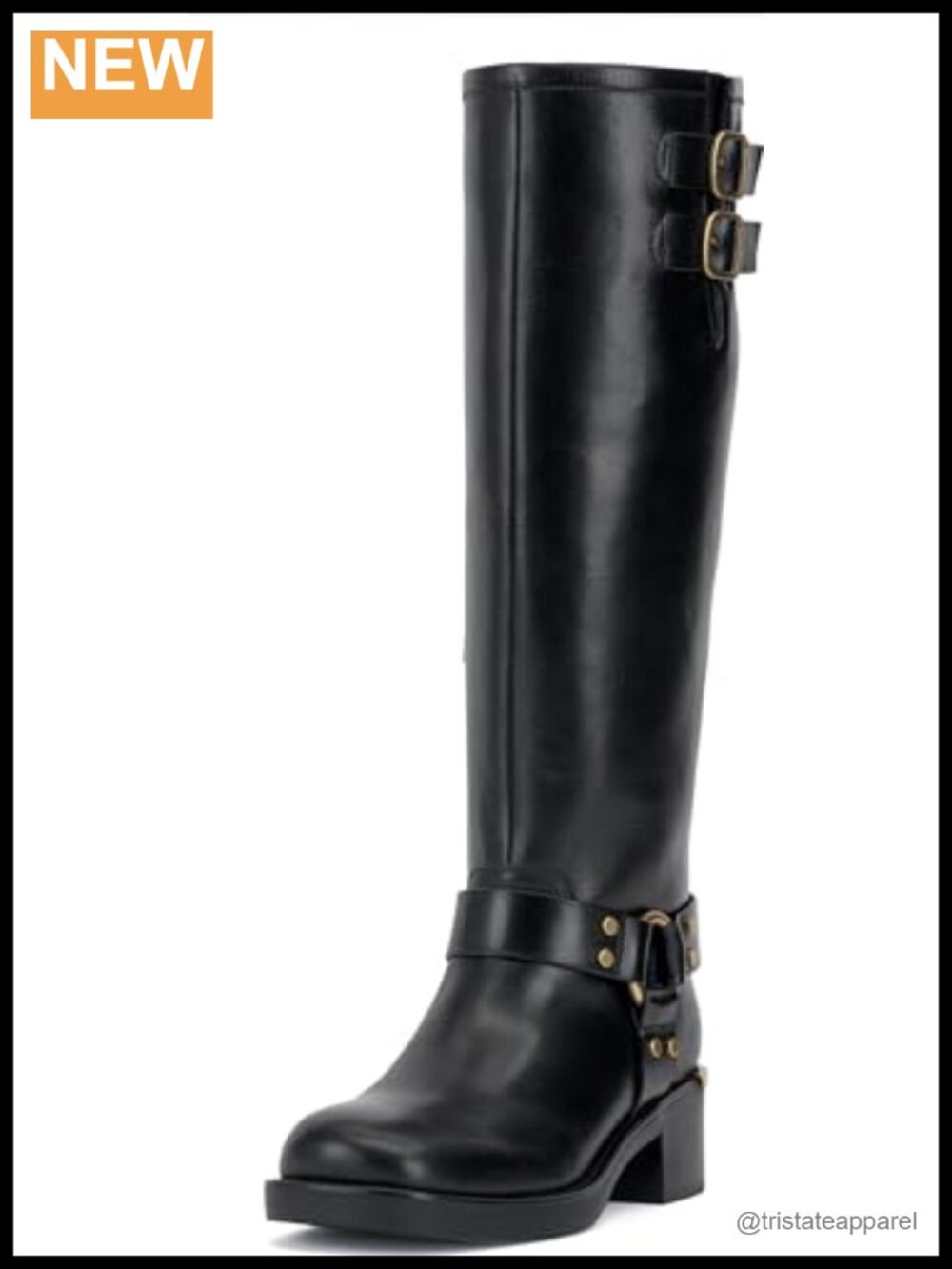 Women's Knee High Leather Boots with Stacked Heel Almond Toe